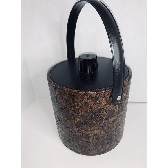 Ice Bucket Irvinware Dark Brown Faux Tooled Leather Floral Design 7.5" USA EUC - Picture 4 of 11